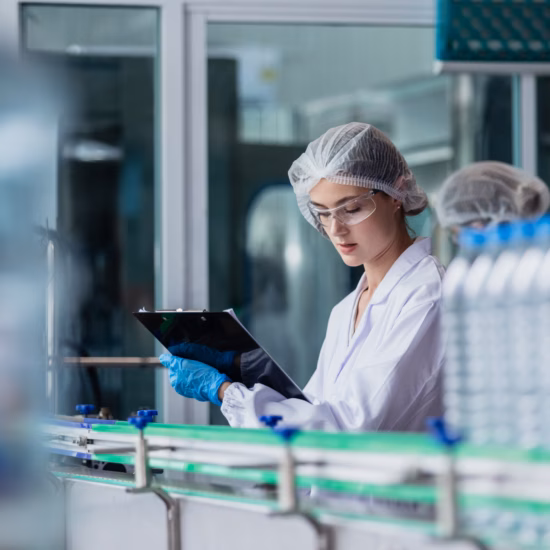 Een medewerker controleert productieprocessen en registreert kwaliteitsgegevens in een voedingsmiddelenfabriek.