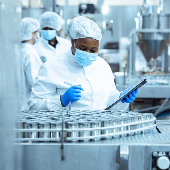 Een medewerker controleert verpakte producten tijdens het productieproces in een voedingsmiddelenfabriek.