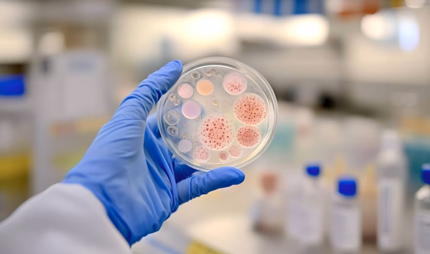 A hand wearing a laboratory glove is holding a petri dish containing microbiological cultures.