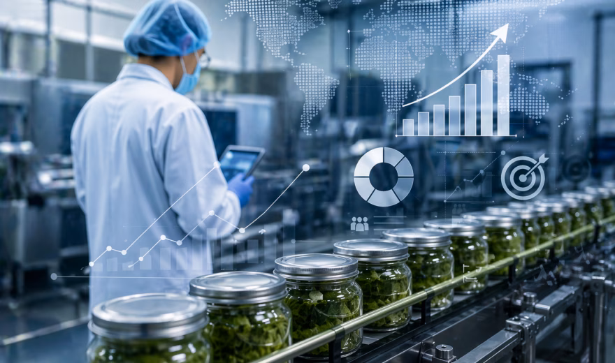 Productielijn voor voedselverwerking met glazen potten op een transportband en een medewerker in een productieomgeving.