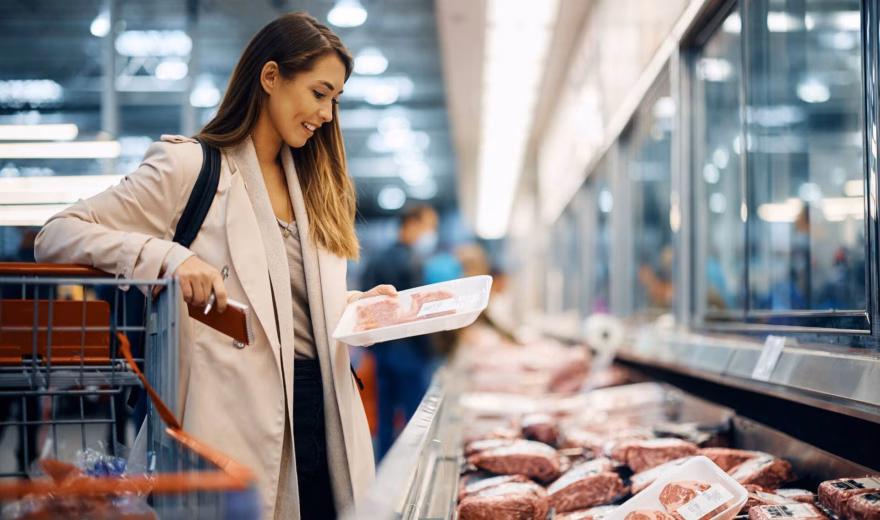 Eine Person vergleicht verpackte Fleischprodukte in der Kühlabteilung eines Supermarkts.