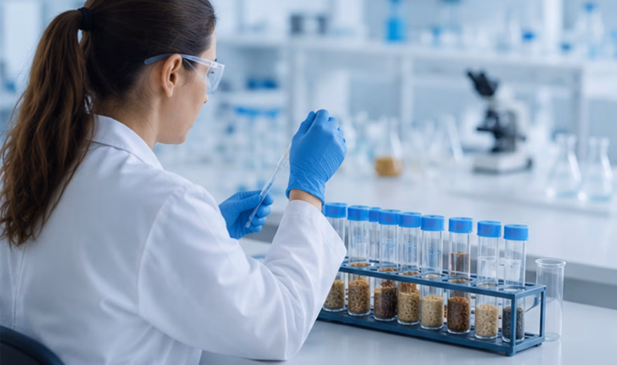 Laboratoriummedewerker onderzoekt grondstofmonsters voor kwaliteitscontrole en analyse.