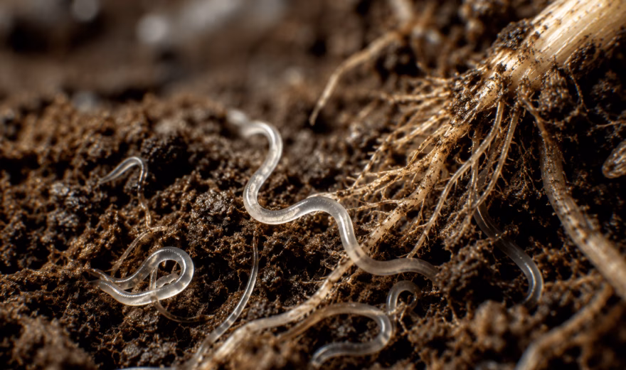 Nematoden zichtbaar in de bodem nabij plantenwortels voor onderzoek en analyse.