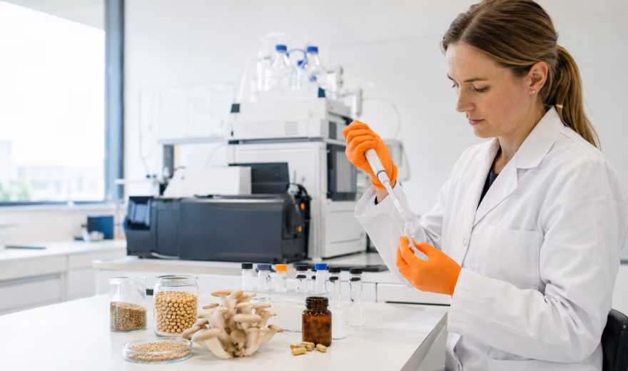 Een voedingsmiddelenmonster wordt voorbereid en geanalyseerd in het laboratorium voor kwaliteits- en veiligheidsonderzoek.