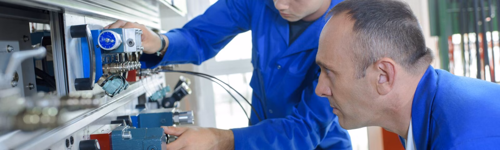 Two technicians are performing maintenance or inspection work on an industrial facility equipped with cabling and measuring equipment.