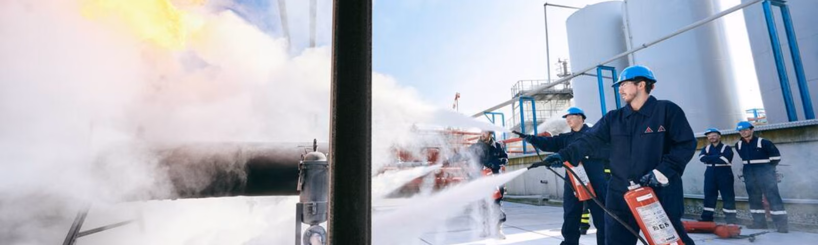Firefighting drill at an industrial site where employees fight a fire using foam extinguishers.