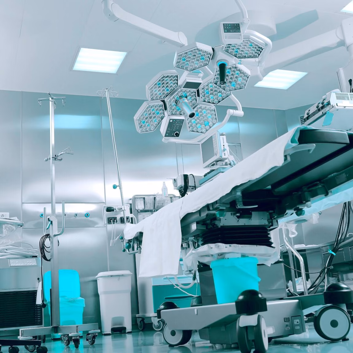 Modern operating room with an operating table, surgical lights, and medical equipment for surgical procedures.