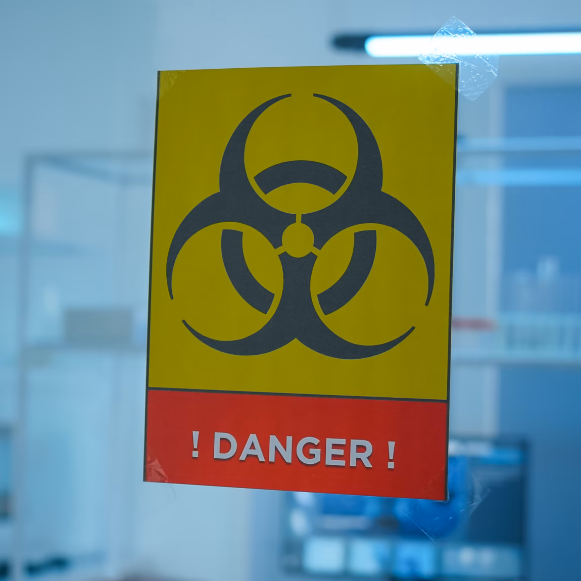 Empty laboratory danger area with nobody in it, prepared for pharmaceutical innovation using high tech and microbiology tools for scientific research. Vaccine development against covid19 virus.