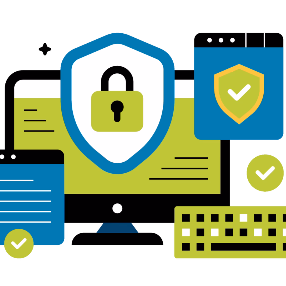 Visualisatie van informatiebeveiliging met beveiligde systemen, verificatie en digitale gegevensbescherming.