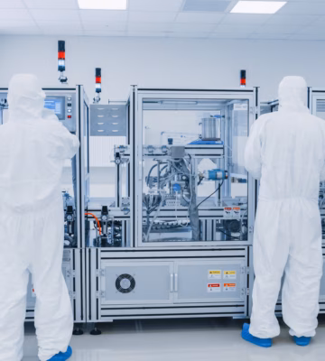 Twee medewerkers in cleanroomkleding werken aan een geautomatiseerde productielijn in een steriele productieomgeving.
