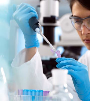 Ein Laborant verwendet eine Mikropipette, um während einer Laboranalyse eine violette Flüssigkeit präzise zu dosieren.