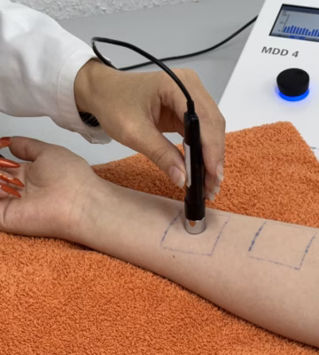 Messung des Hautzustands am Unterarm mit einem Handscanner, der an ein Messgerät in einer Laborumgebung angeschlossen ist.