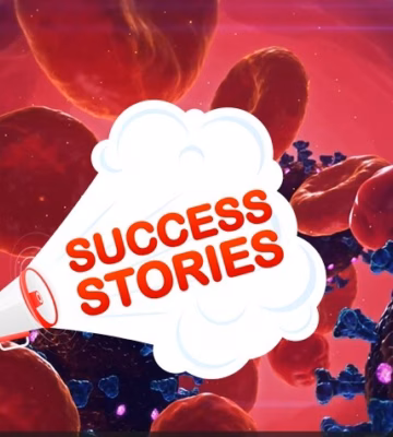 Grafische visualisatie van succesverhalen tegen een achtergrond met biologische cellen en micro-organismen.