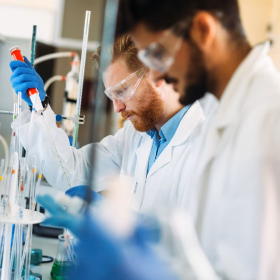 Young students of chemistry working together in laboratory