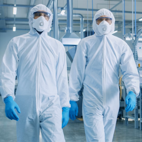 Two Engineers/ Scientists in Hazmat Sterile Suits Walking Through Technologically Advanced Factory/ Laboratory. Clean High-Tech Environment with CNC Machinery.