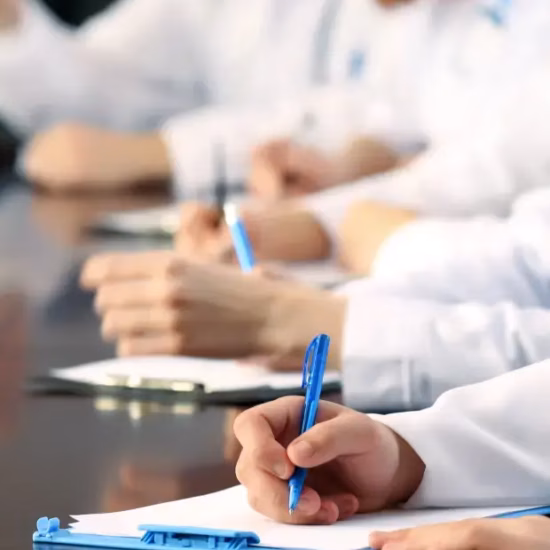 Deelnemers noteren informatie tijdens een training of bijeenkomst in een laboratoriumomgeving.