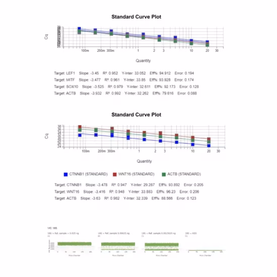 Grafiek met standaardcurves en meetgegevens gebruikt voor validatie en analyse van laboratoriummetingen.