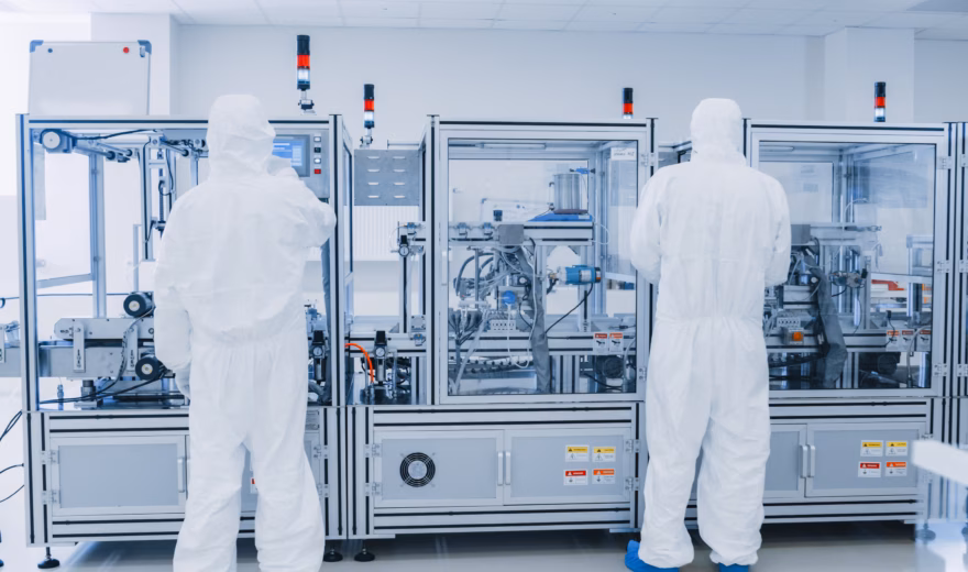 Twee medewerkers in cleanroomkleding werken aan een geautomatiseerde productielijn in een steriele productieomgeving.