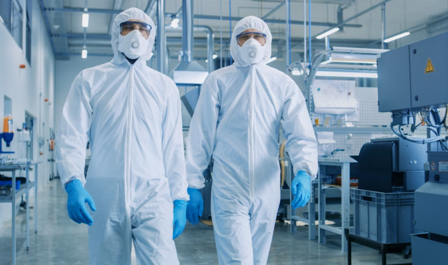Two Engineers/ Scientists in Hazmat Sterile Suits Walking Through Technologically Advanced Factory/ Laboratory. Clean High-Tech Environment with CNC Machinery.
