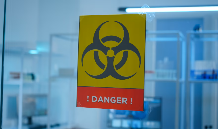 Empty laboratory danger area with nobody in it, prepared for pharmaceutical innovation using high tech and microbiology tools for scientific research. Vaccine development against covid19 virus.