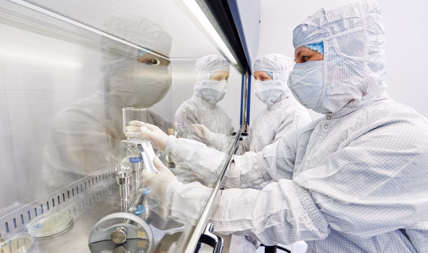 female science researcher in protective uniform and equipment works with dangerous hazard virus material at microbilogy laboratory