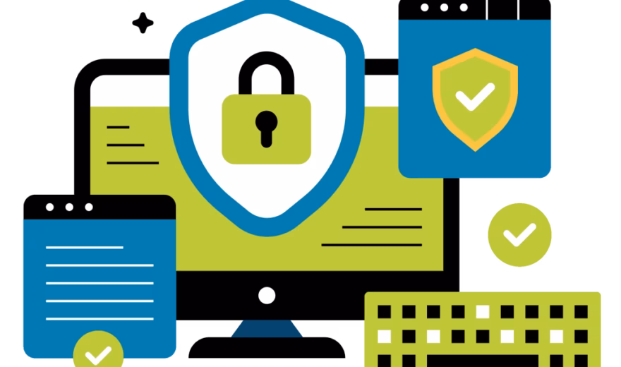 Visualisatie van informatiebeveiliging met beveiligde systemen, verificatie en digitale gegevensbescherming.