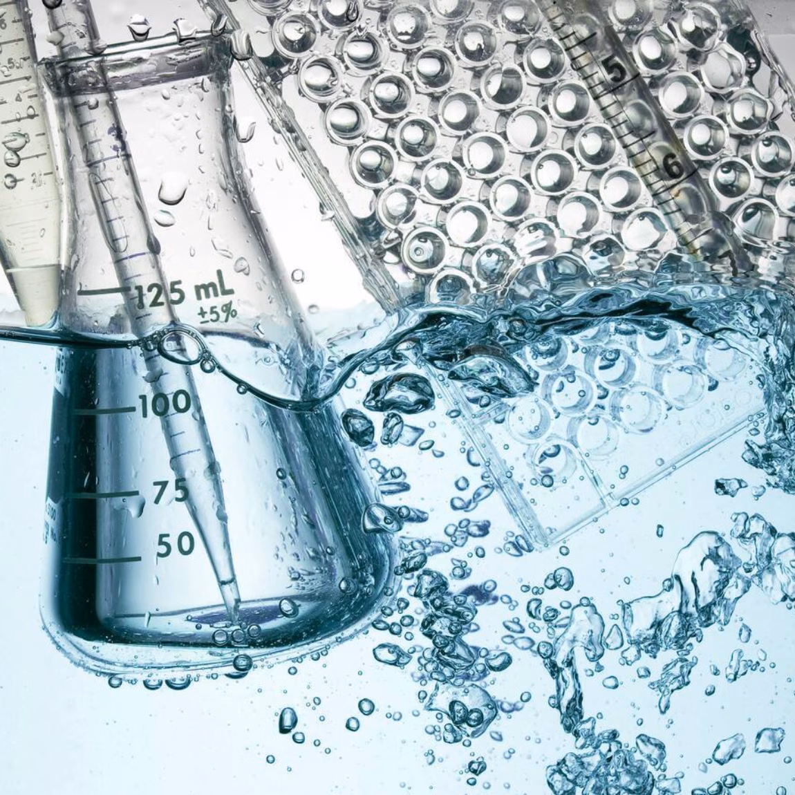 Verrerie de laboratoire comprenant des éprouvettes graduées, des pipettes et des plaques de réaction immergées, visibles dans un environnement de test ou d'analyse.