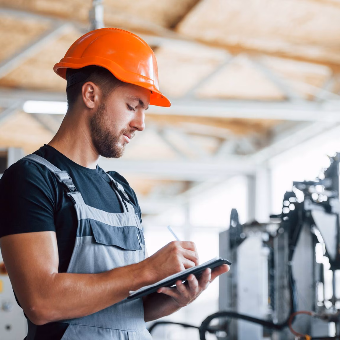 Technisch medewerker voert een inspectie uit op een tablet in een industriële productieomgeving.