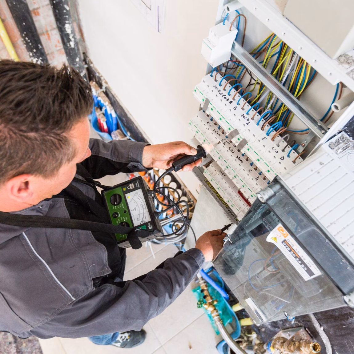 Un technicien vérifie une installation électrique et le câblage dans une armoire électrique lors d'une inspection de sécurité.