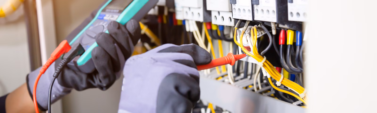 Electrician engineer tests electrical installations and wires on relay protection system. Adjustment of scheme of automation and control of electrical equipment.
