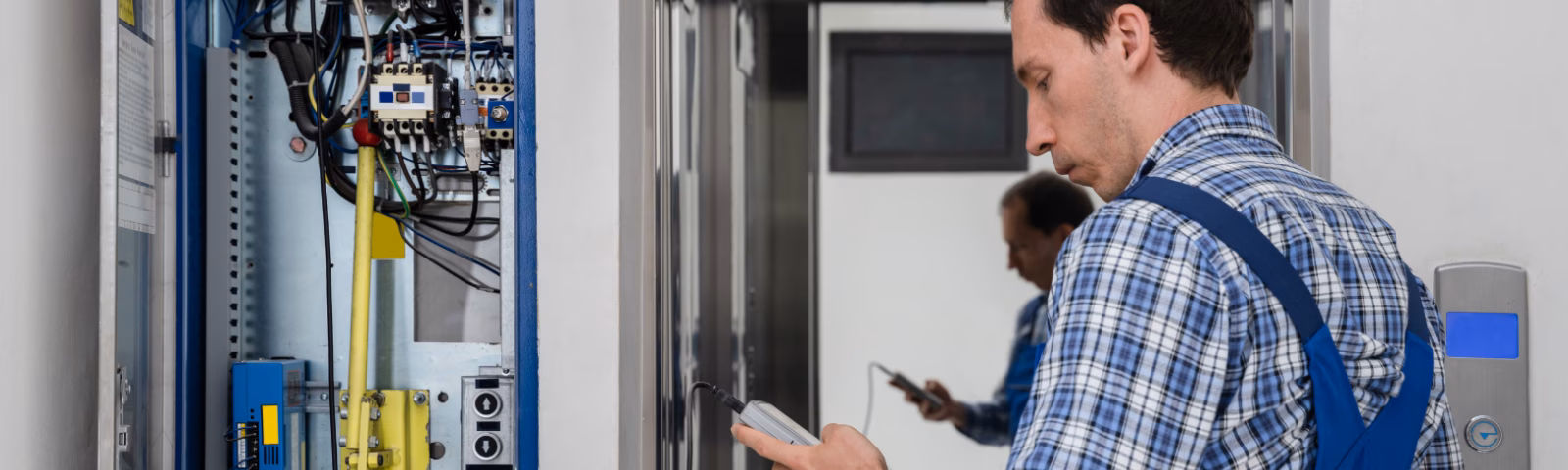 Technicus inspecteert een liftbesturingskast met een tablet tijdens onderhoudswerkzaamheden aan een liftinstallatie.