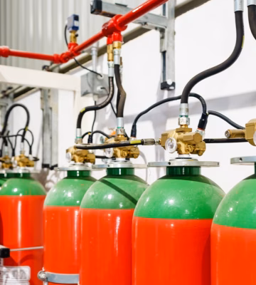 Gas fire suppression system with multiple fire suppression gas cylinders connected to piping for automatic fire suppression.