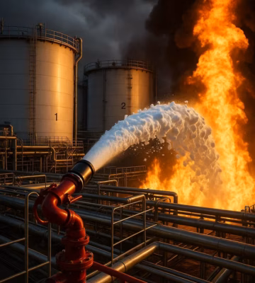 A fire suppression monitor sprays a powerful jet of water at an industrial fire near storage tanks at a petrochemical plant.