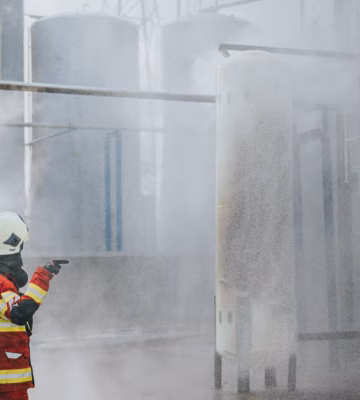 A firefighter performs firefighting operations at an industrial facility during a fire safety drill or incident.