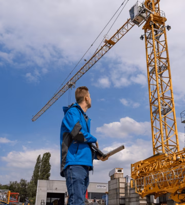 Un employé vérifie des informations sur une tablette à côté d'une grue de chantier sur un chantier.