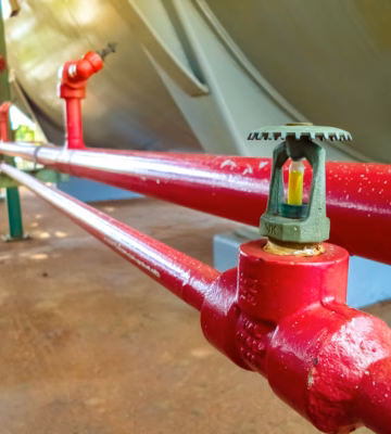 Rode industriële leidingen met sprinklerkop in een technische installatie voor brandbeveiliging