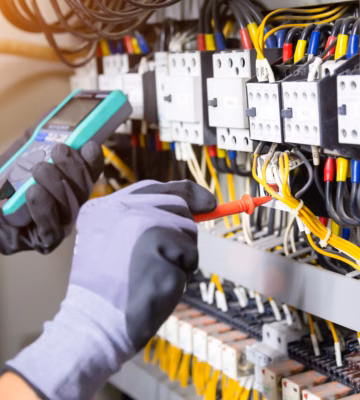 Electrician engineer tests electrical installations and wires on relay protection system. Adjustment of scheme of automation and control of electrical equipment.