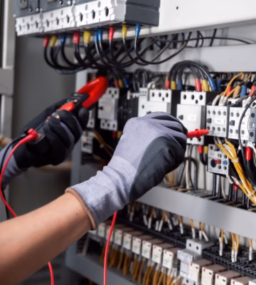Technisch medewerker voert elektrische metingen uit in een schakelkast met een multimeter tijdens een inspectie of onderhoudscontrole.