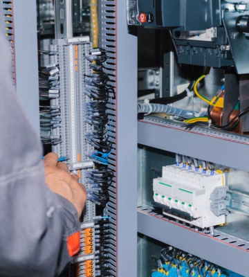 Technisch medewerker werkt aan de bekabeling in een geopende schakelkast voor inspectie, onderhoud of installatie van een elektrische besturing.