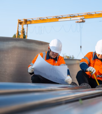 Twee technici met veiligheidshelmen en reflecterende werkkleding voeren een inspectie uit aan industriële leidingen en installaties. Normec draagt met deskundige inspecties bij aan kwaliteit, veiligheid en betrouwbare industriële processen.