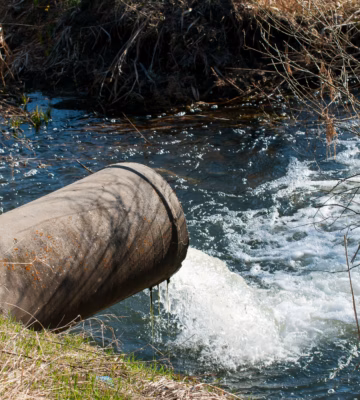 Un tuyau d'évacuation achemine l'eau vers un ruisseau qui coule dans un environnement naturel.