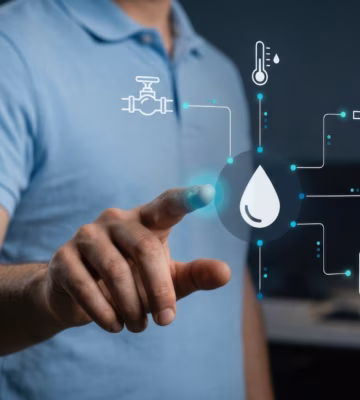 Interface numérique avec des icônes liées à l'eau pour la surveillance en temps réel, la collecte de données et la gestion des installations d'eau.