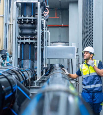 Un employé contrôle les installations et les conduites dans un environnement industriel.