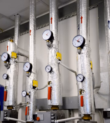 Installation technique comprenant des conduites isolées, des vannes d'arrêt et des manomètres pour la surveillance du système.