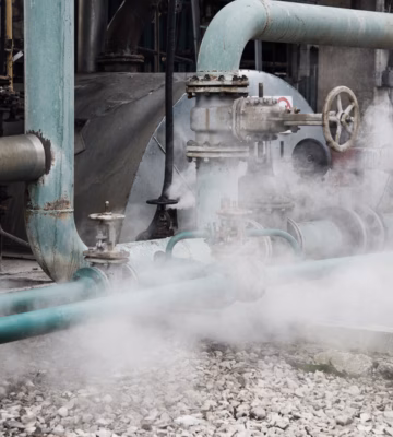 Stoomleidingen en afsluiters maken deel uit van een industriële installatie voor proces- en energievoorziening.