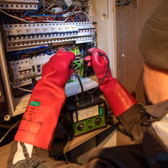 Electrical safety testing in a switchgear cabinet using measuring equipment and insulated gloves.