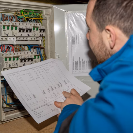 Inspecteur controleert een elektrische verdeelkast aan de hand van een inspectierapport.
