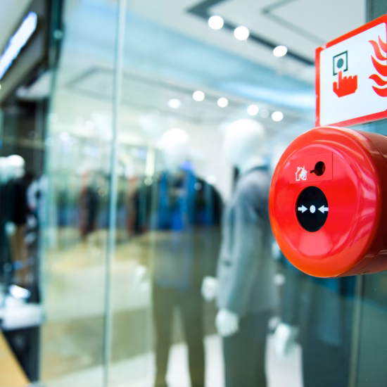 Red manual fire alarm mounted on a glass wall in a modern office building.