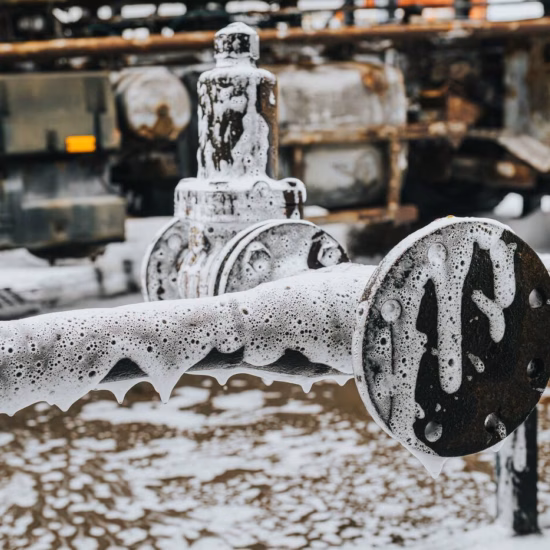 Snow-covered valve and pipe fitting from an industrial facility during winter conditions.