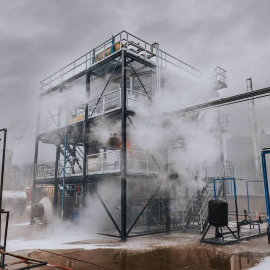 Industrial test site with fire suppression systems and water jets during a fire safety drill.